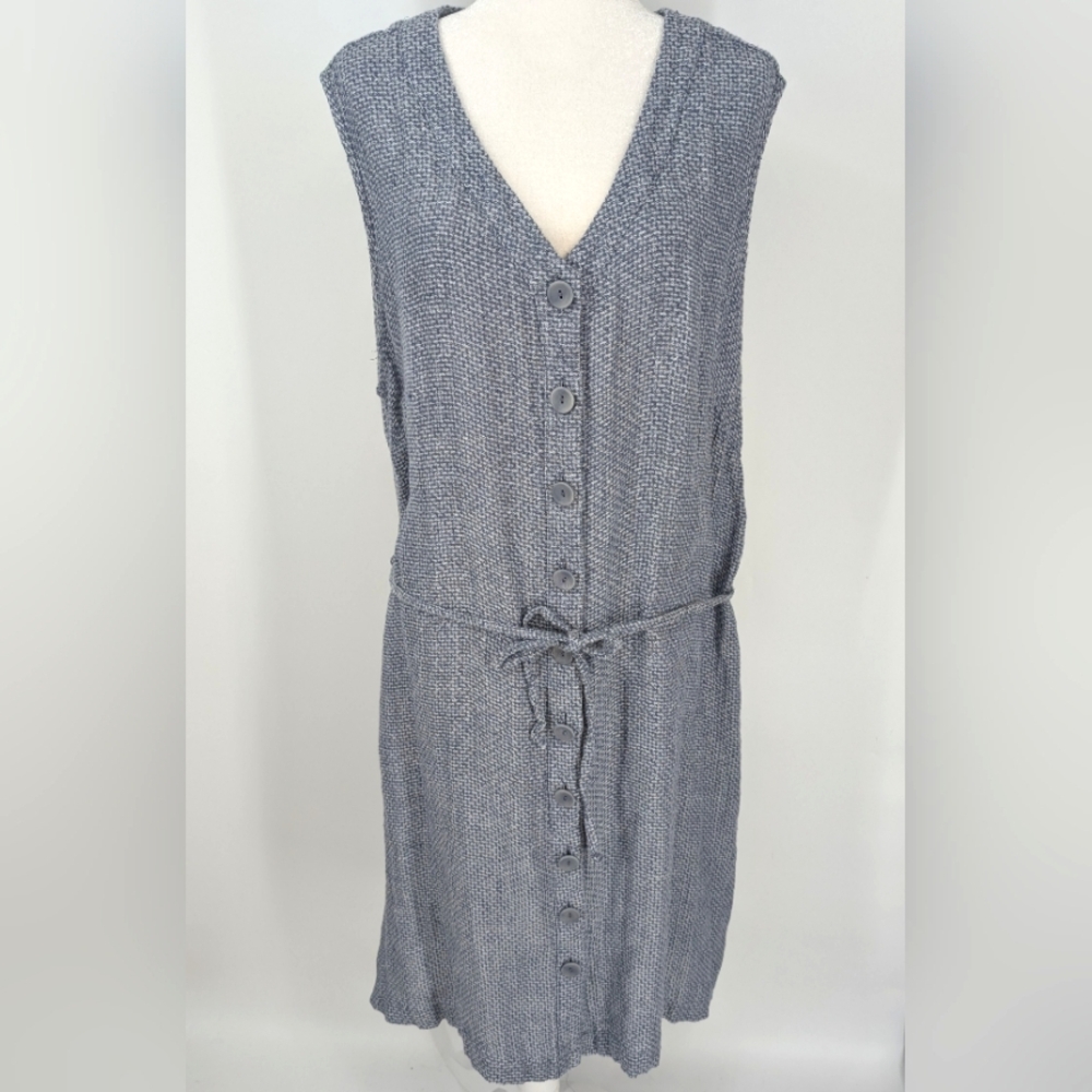 Flax 100% Linen Heathered Blue White Sleeveless Button-Up Dress Plus Size 2X 2G